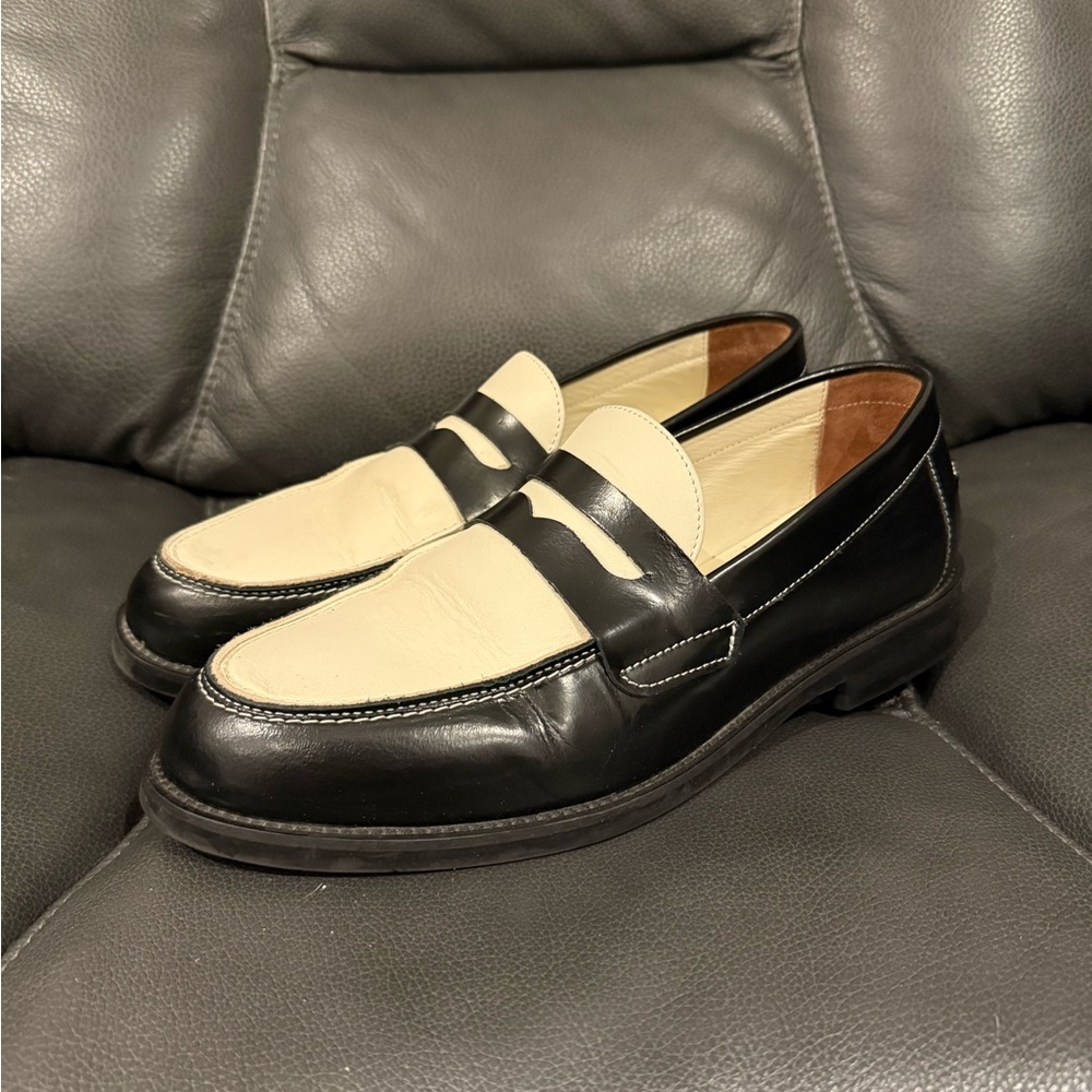 Duke + Dexter Cream and Black Penny Loafers